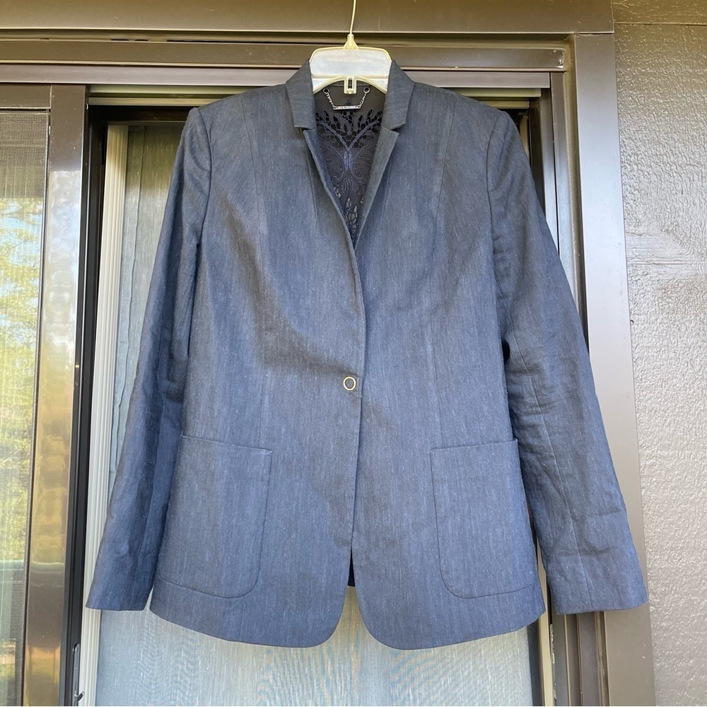 Elie Tahari Navy Blazer Jacket Back Laced Embellished Linen Poly Casual